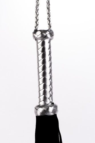 Flogger with Metallic Leather Handle and Suede Leather Tails Black 18"