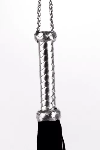 Flogger with Metallic Leather Handle and Suede Leather Tails Black 18"