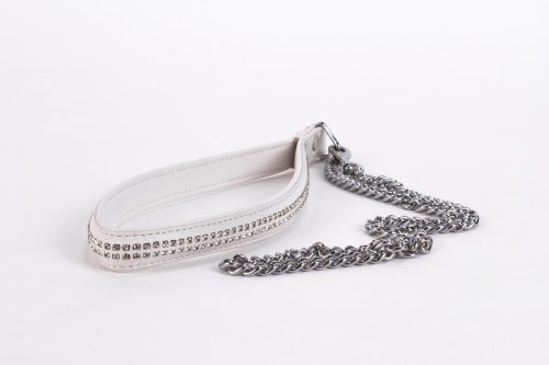 Lamb Leather Handle with 2 Rows of Small Rhinestones and Metal Chain White