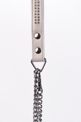 Lamb Leather Handle with 2 Rows of Small Rhinestones and Metal Chain White