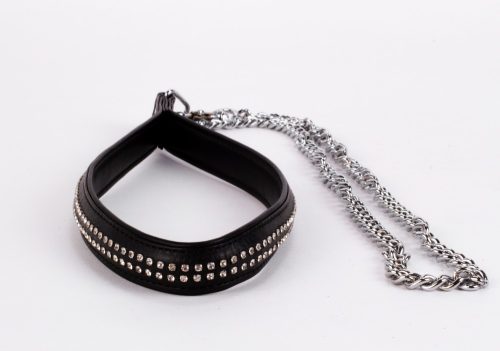 Lamb Leather Handle with 2 Rows of Small Rhinestones and Metal Chain Black