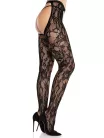 Rose Lace Crotchless Tights with Open Back - Black O/S