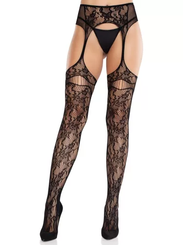Net Stockings with Attached Garter Belt - Black O/S